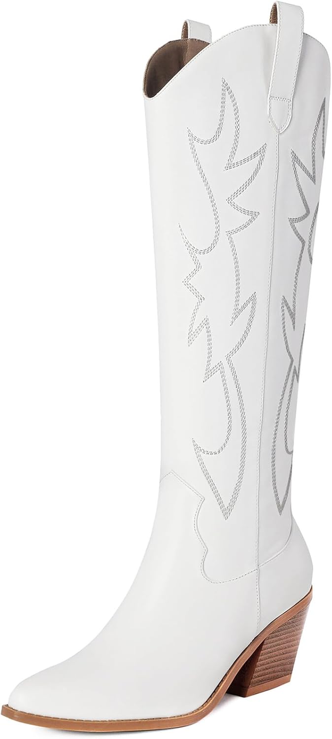 Mostrin Cowgirl Boots for Women Embroidered Cowboy Boots Pointed Toe Knee High B...
