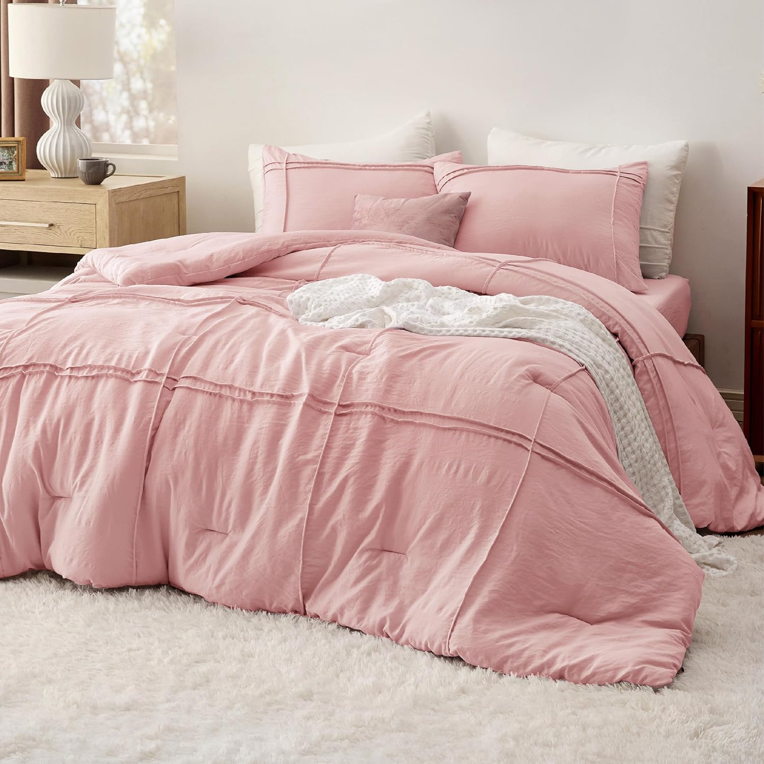 Bedsure Full Comforter Set with Sheet - 4 Pieces Soft Pink Bedding Sets, Grid Pi...