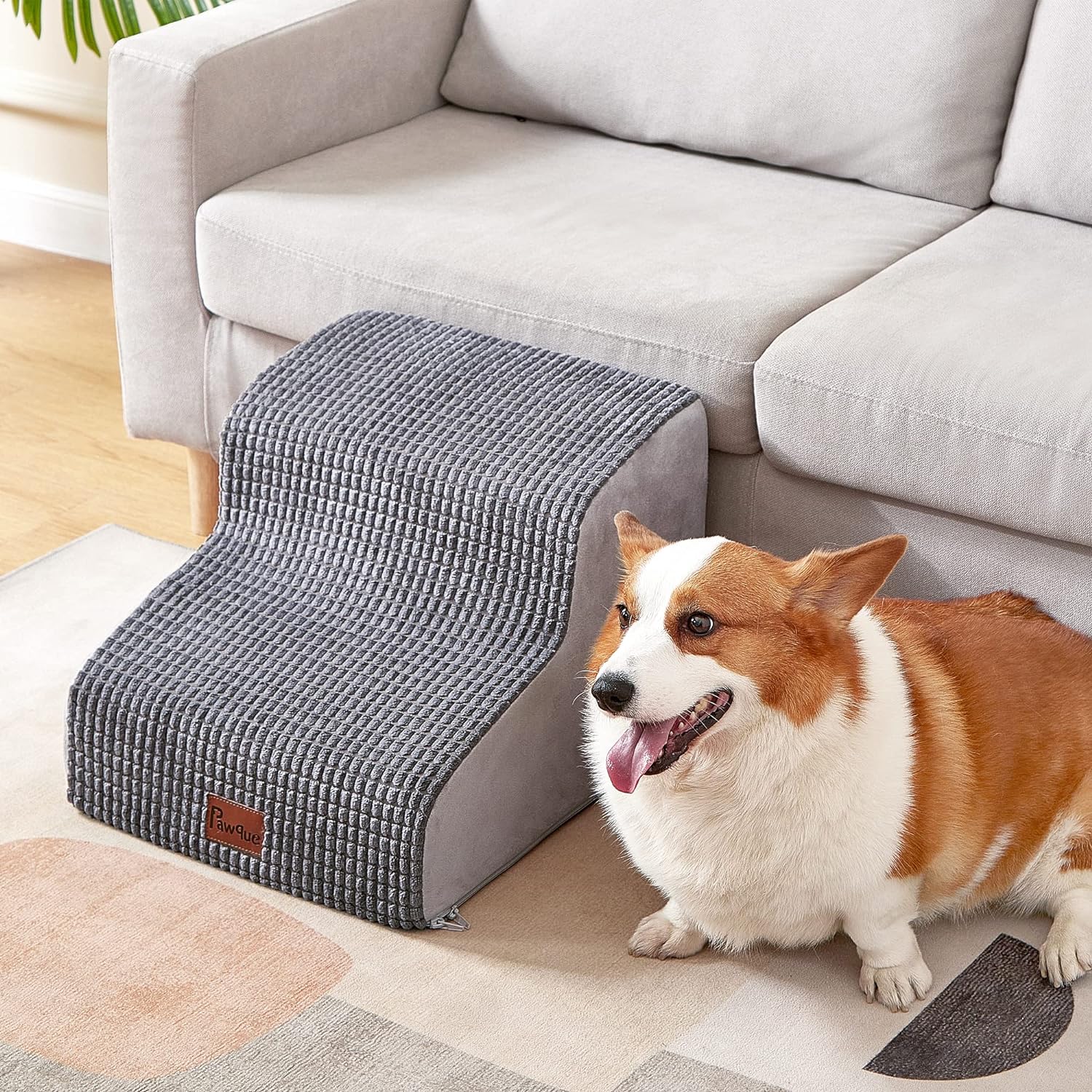 Pawque 2 Steps Grey Dog Stairs for High Bed, Non-Slip Balanced Pet Steps, Polyes...