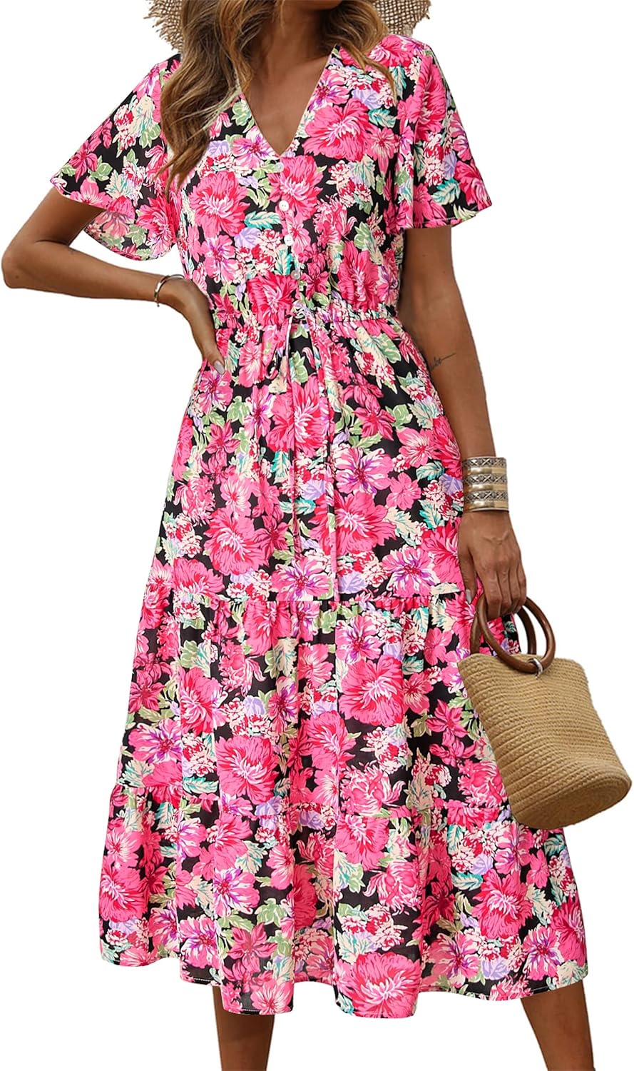 PRETTYGARDEN Women's Floral Boho Dress Casual Short Sleeve V Neck Ruffle Tiered...