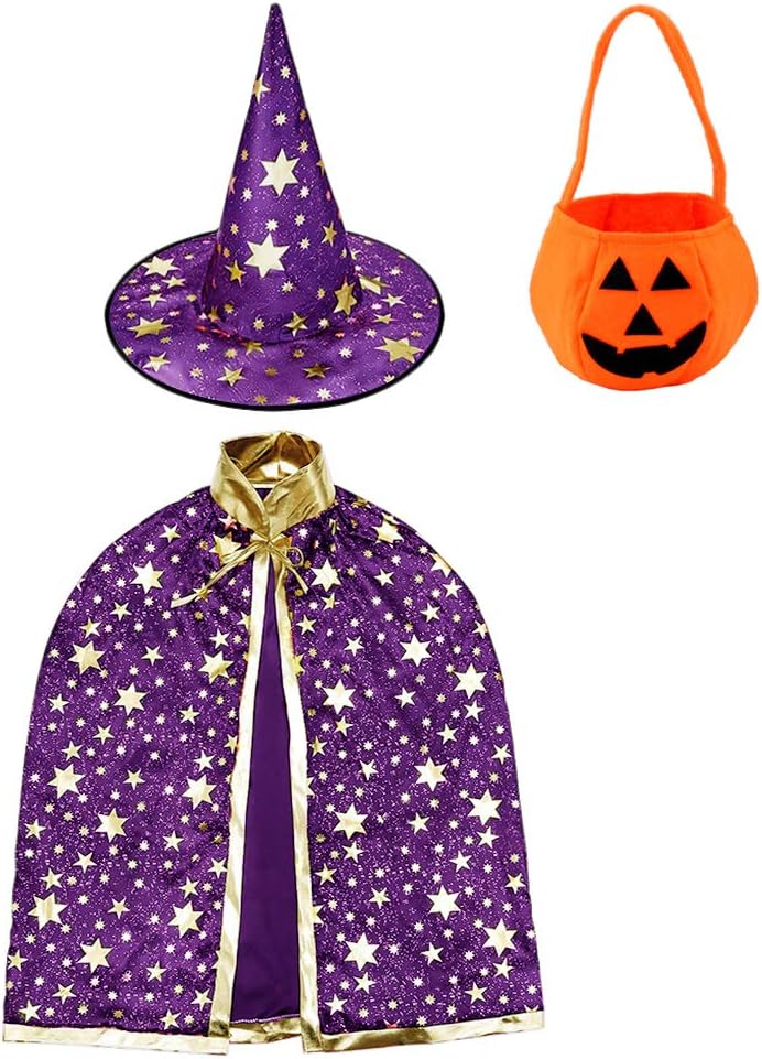 Wizard Cape Witch Cloak with Hat and Pumpkin Bag, Halloween Costume Props for Ki...