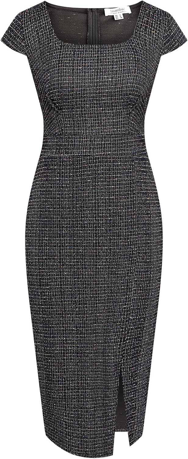 JASAMBAC Women's Vintage Midi Pencil Dress Tweed Cap Sleeve Sheath Dress Square...