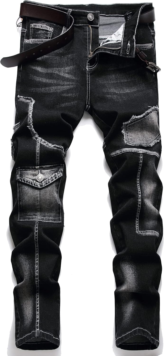 XIMXIMMTIAN Men's Biker Jeans, Special Moto Washed Denim, Innovative Slim Fit St...
