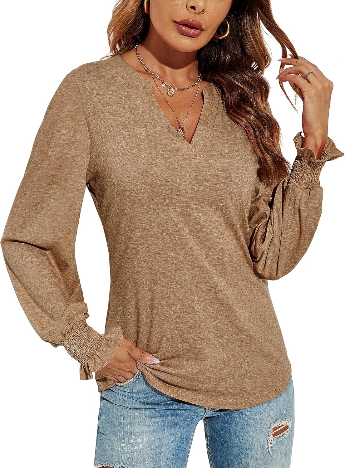 Romanstii Women's Casual V-Neck T-Shirts Loose Puff Long Sleeve Tops Tunic Blous...