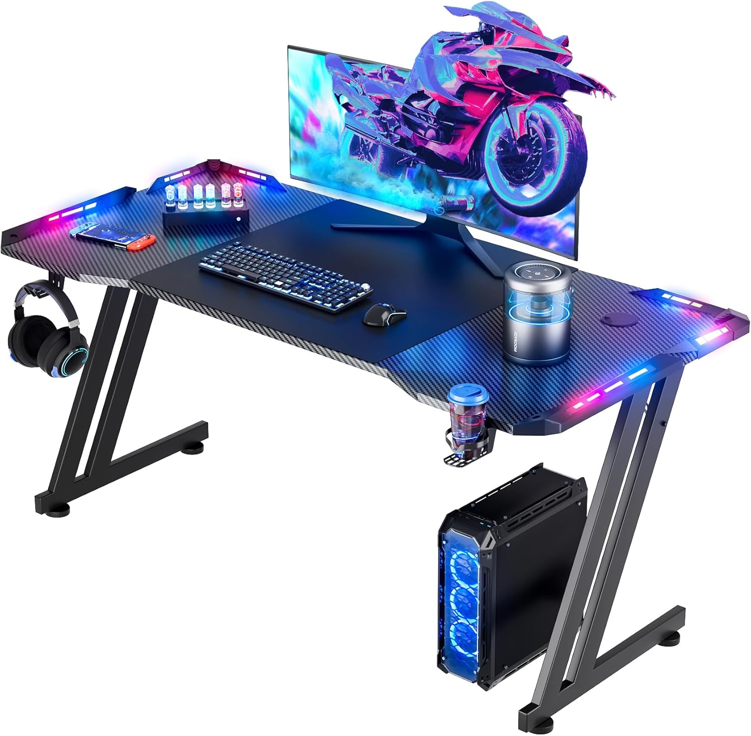 HLDIRECT 47 Inch Gaming Desk with LED Lights Carbon Fibre Surface Gaming Table L...