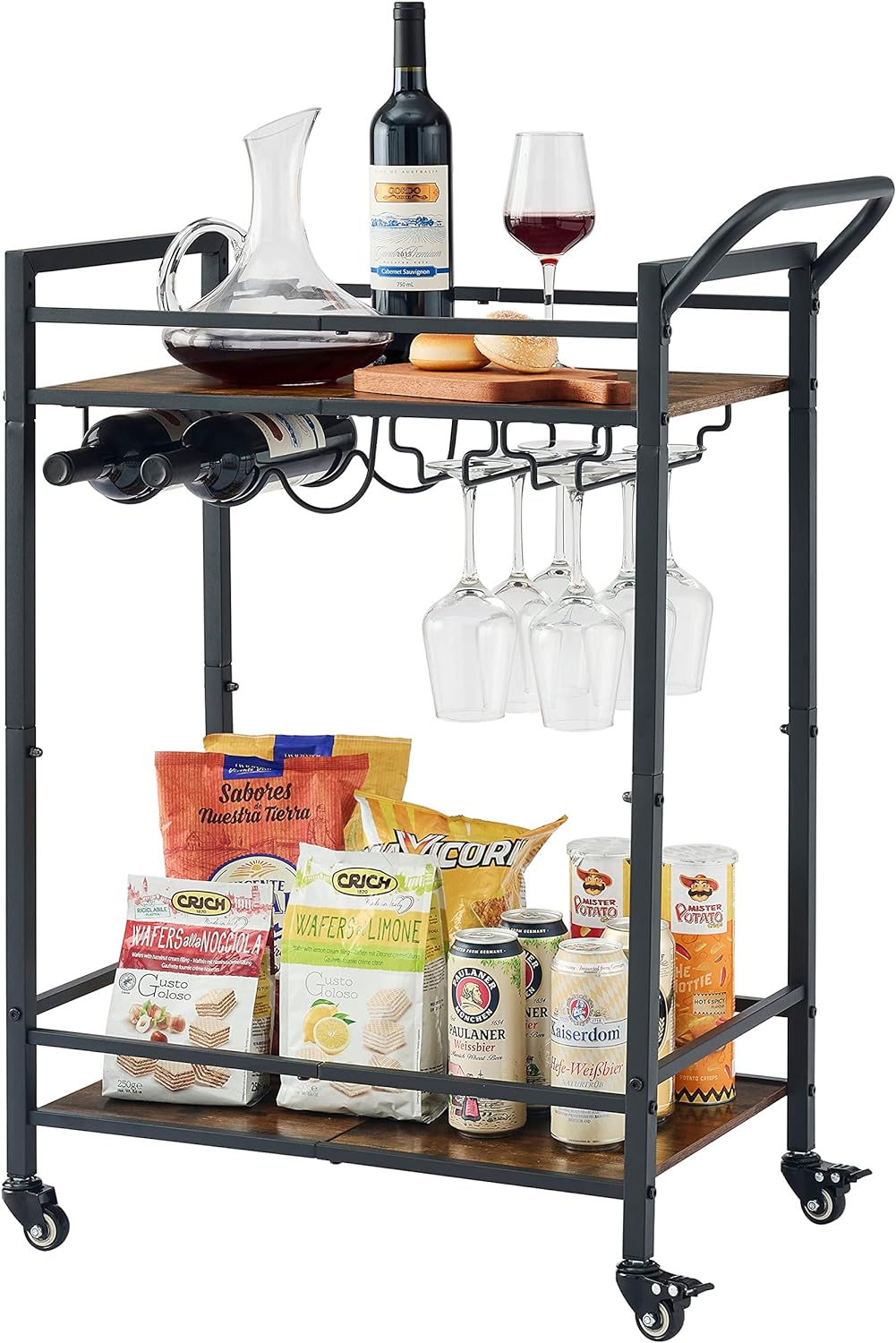 Tajsoon 2-Tier Mobile Bar Serving Cart, Industrial Style Beverage Cart with Wine...