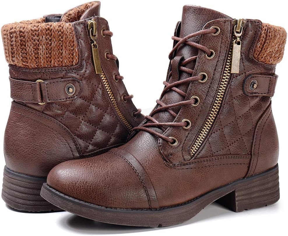 STQ Women's Combat Boots, Special Lace-up Ankle Booties, Unique 8.5 Brown Footwe...
