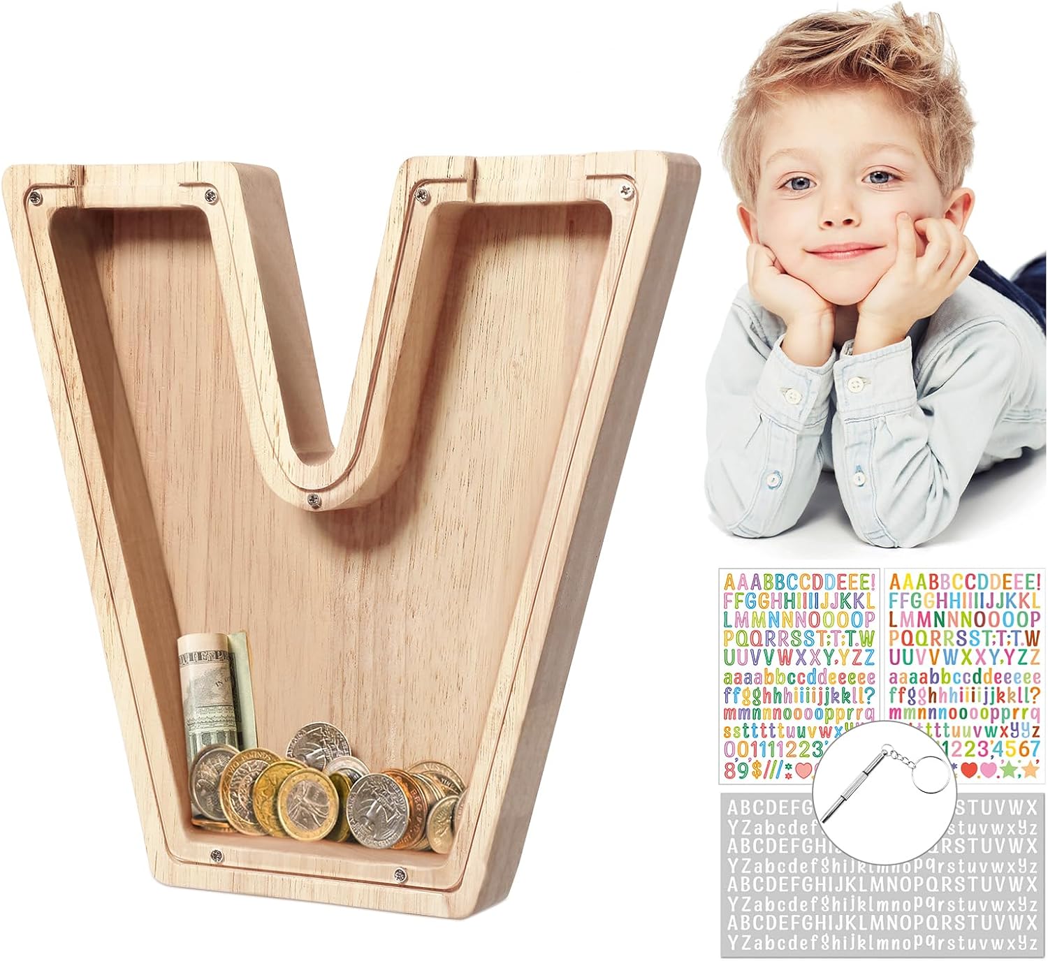 MoneRffi Personalized Letters Wooden Piggy Bank 23x23cm, A-Z Letters Coin Bank M...