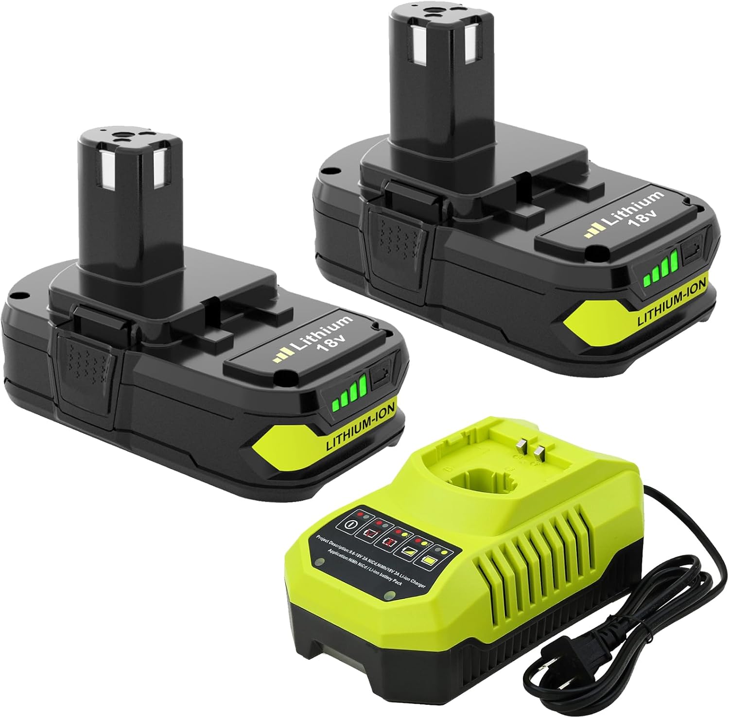 Upgraded 3600mAh Replacement for Ryobi 18V Battery (2-Pack) with Charger Combo C...