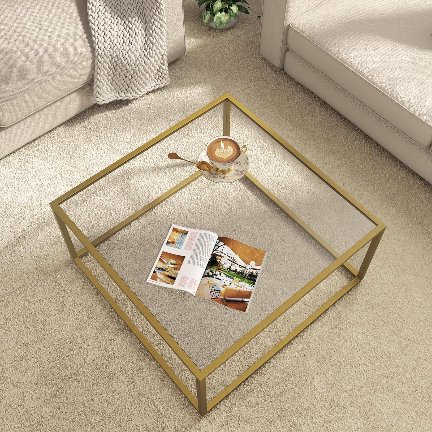 SAYGOER Gold Coffee Table Glass Modern Coffee Tables for Small Space Simple Squa...