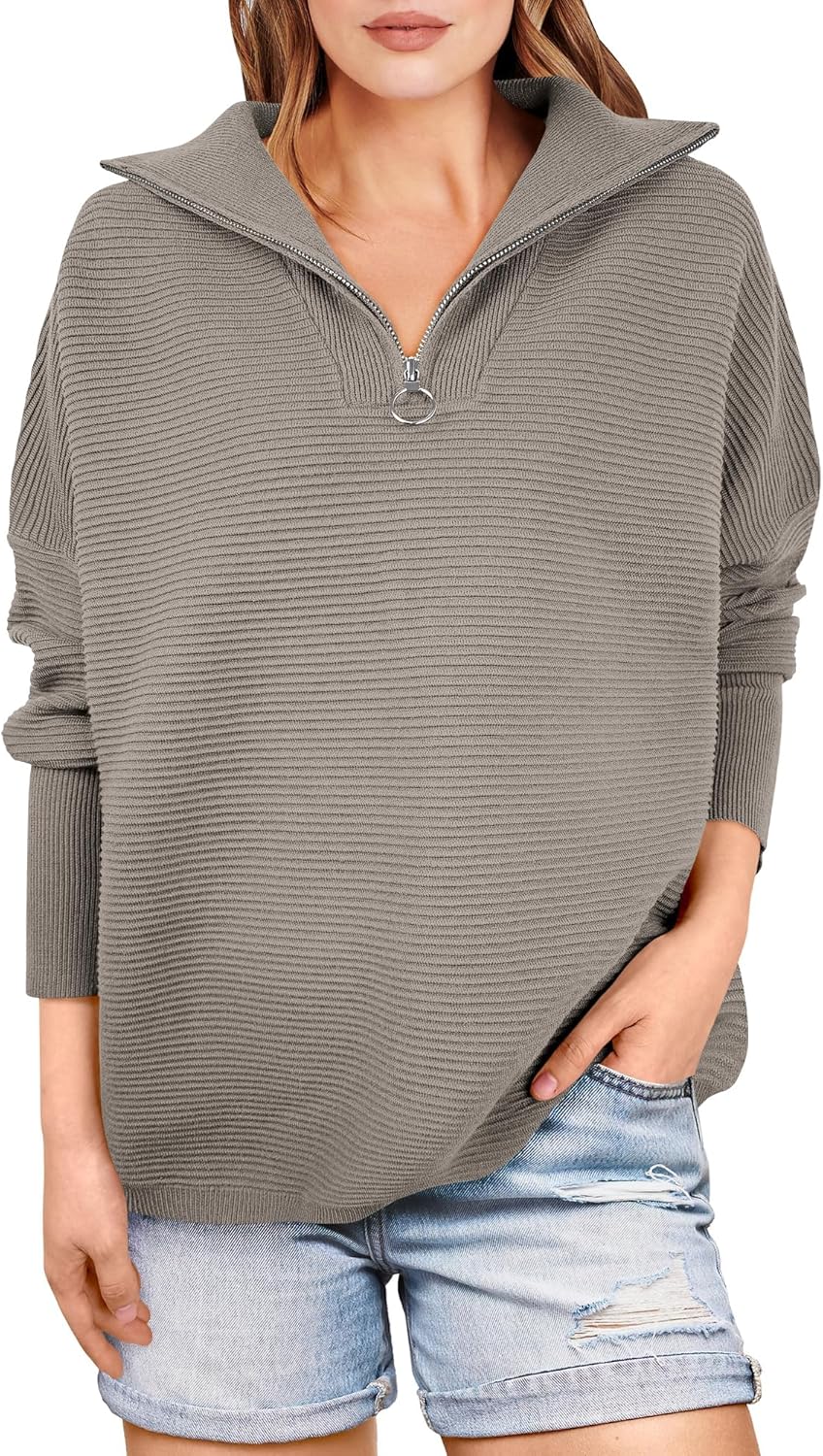 ANRABESS Women Quarter Zip Oversized Casual Loose Rib Knit Cozy Pullover Sweater...