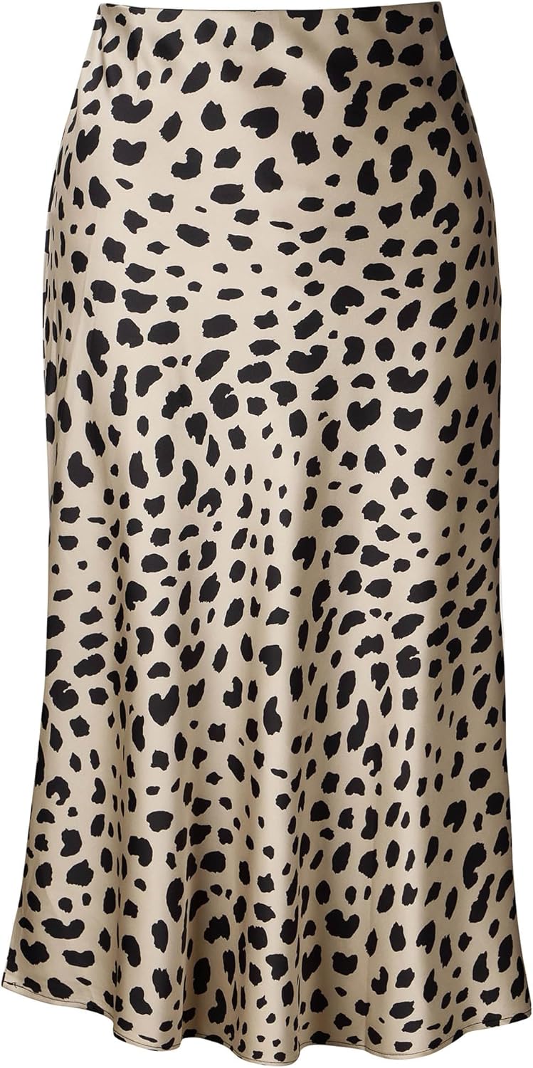 Womens Leopard Print Skirt Midi Long Length Silk Satin High Waist Elastic Skirts...