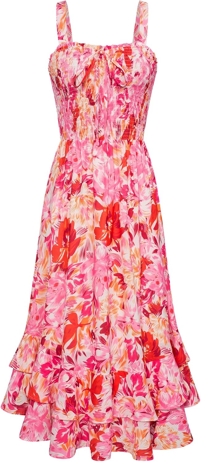 GRACE KARIN Women Summer Strappy Floral Maxi Dress Square Neck Dual Layer Hem Sm...