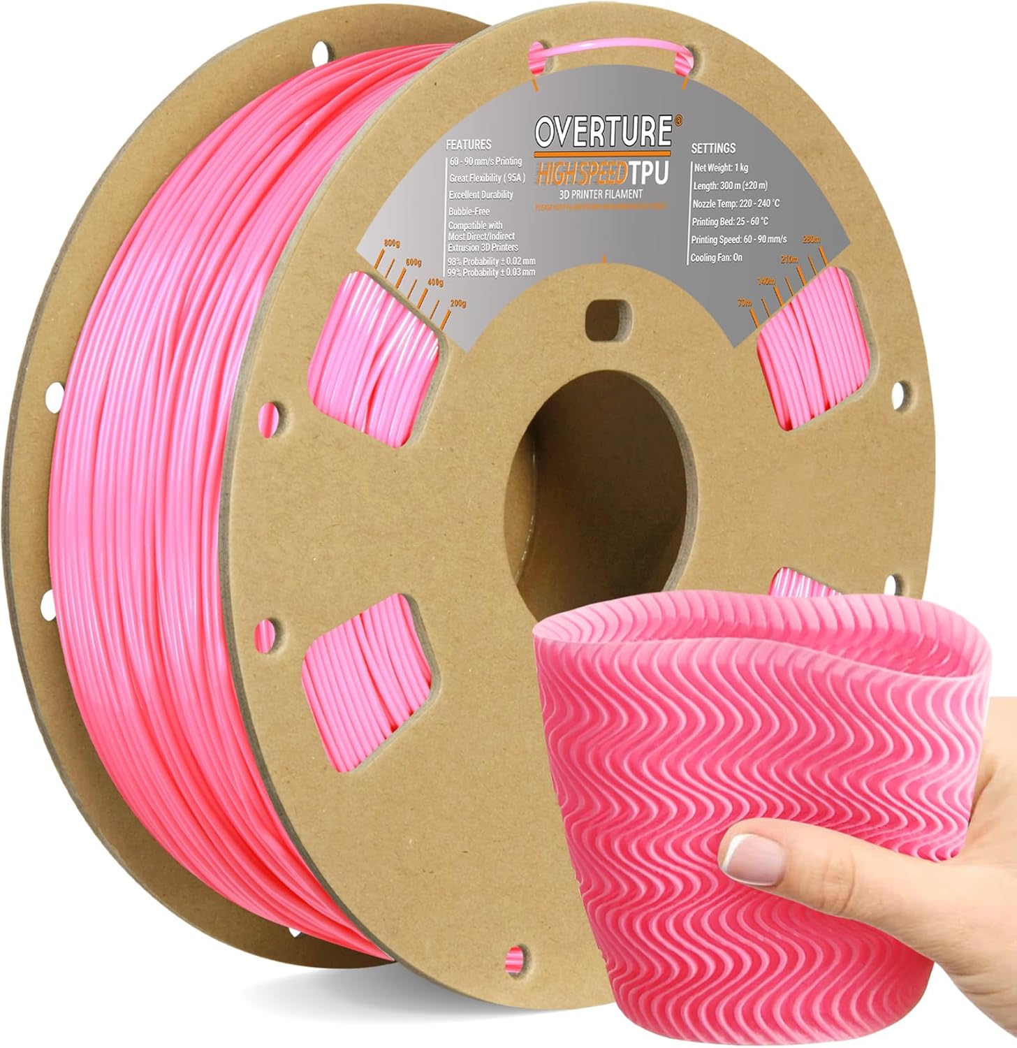 OVERTURE TPU High Speed Filament 1.75mm Flexible 95A TPU Roll, 3D Printer Filame...