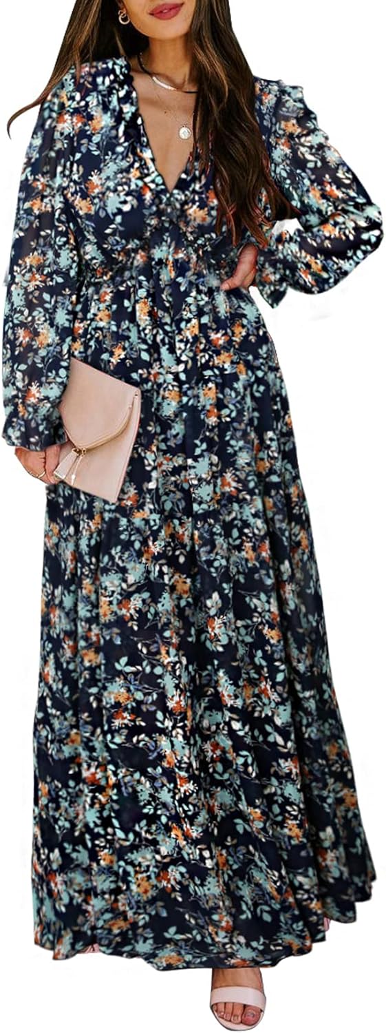 BLENCOT Womens Casual Floral Dress, Special Deep V Neck Long Sleeve Dress, Innov...