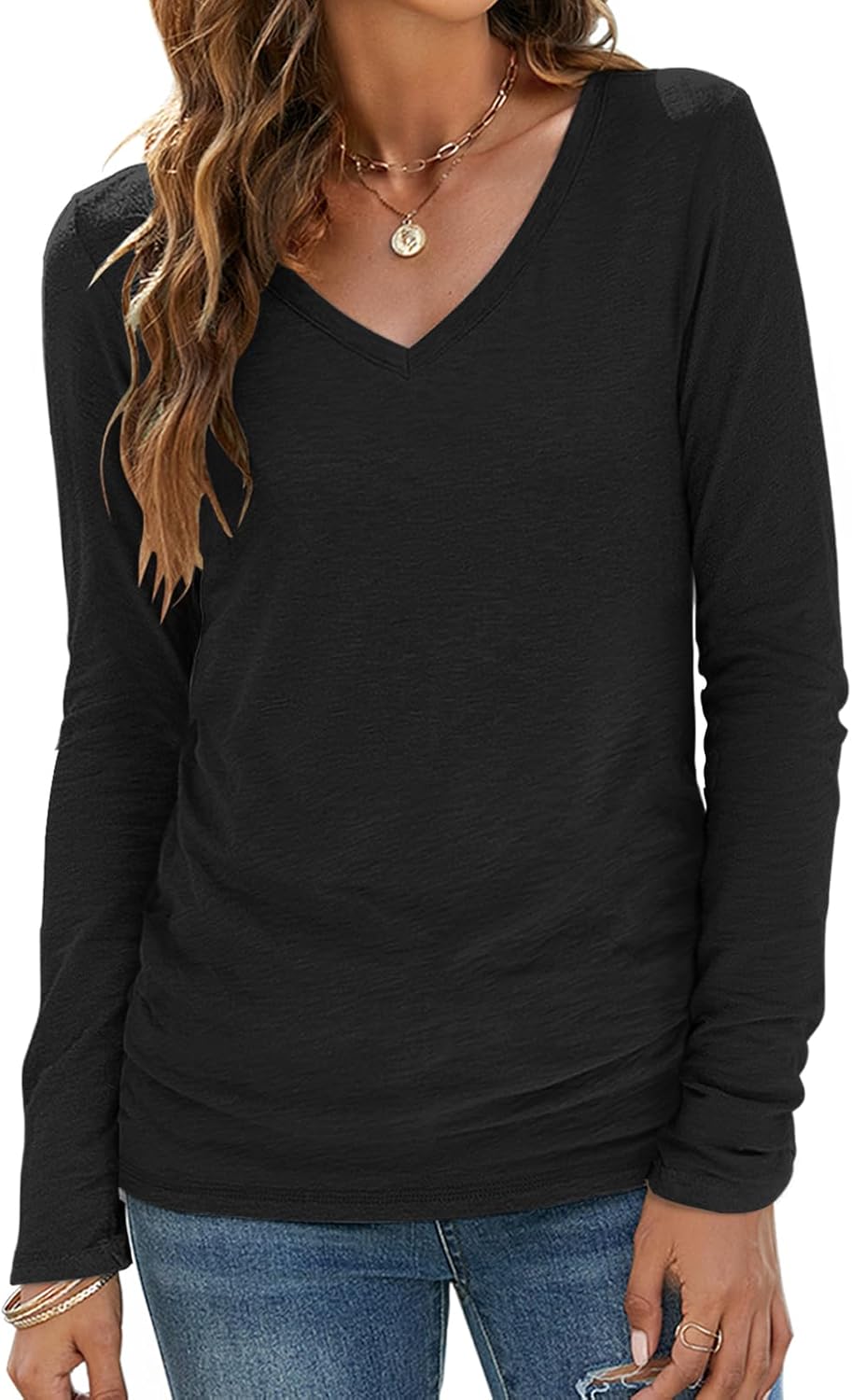 Sherosa Womens T Shirts V Neck Short/Long Sleeve Casual Tops Soft Solid Basic Te...