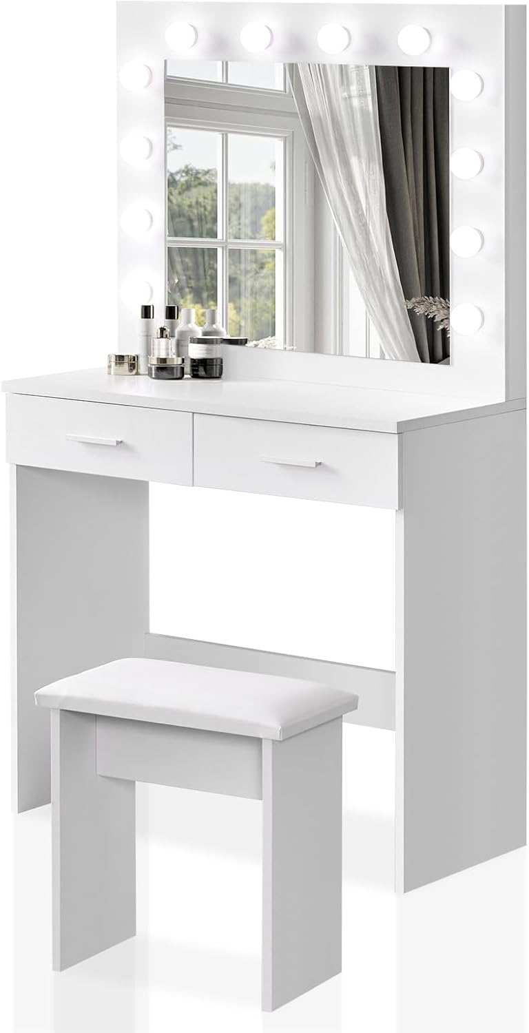 TUKAILAi White Dressing Table Set, Special Vanity Makeup Table with Hollywood LE...