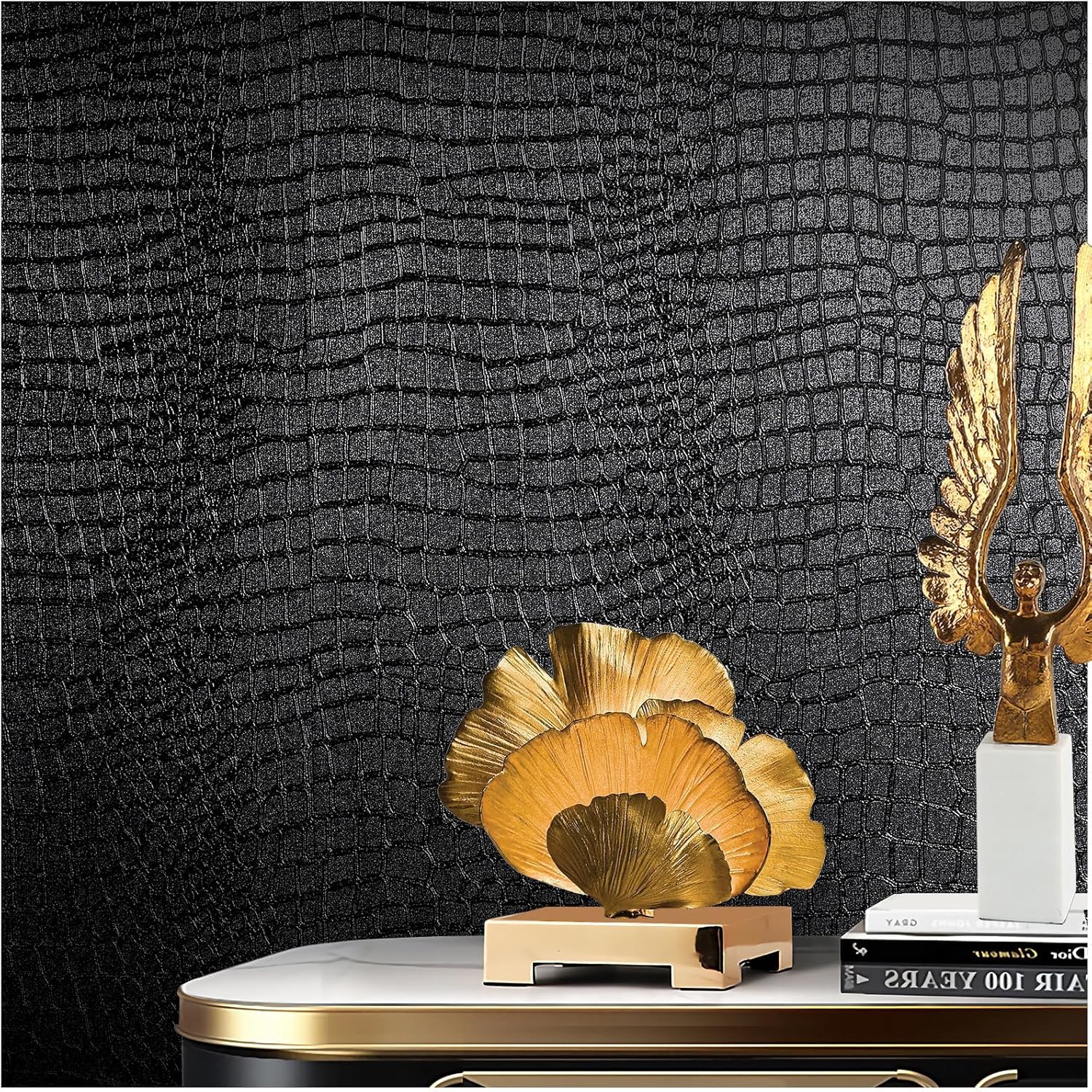 Black Peel and Stick Wallpaper, 15.7" X 118" Crocodile Wallpaper Embossed Easy P...