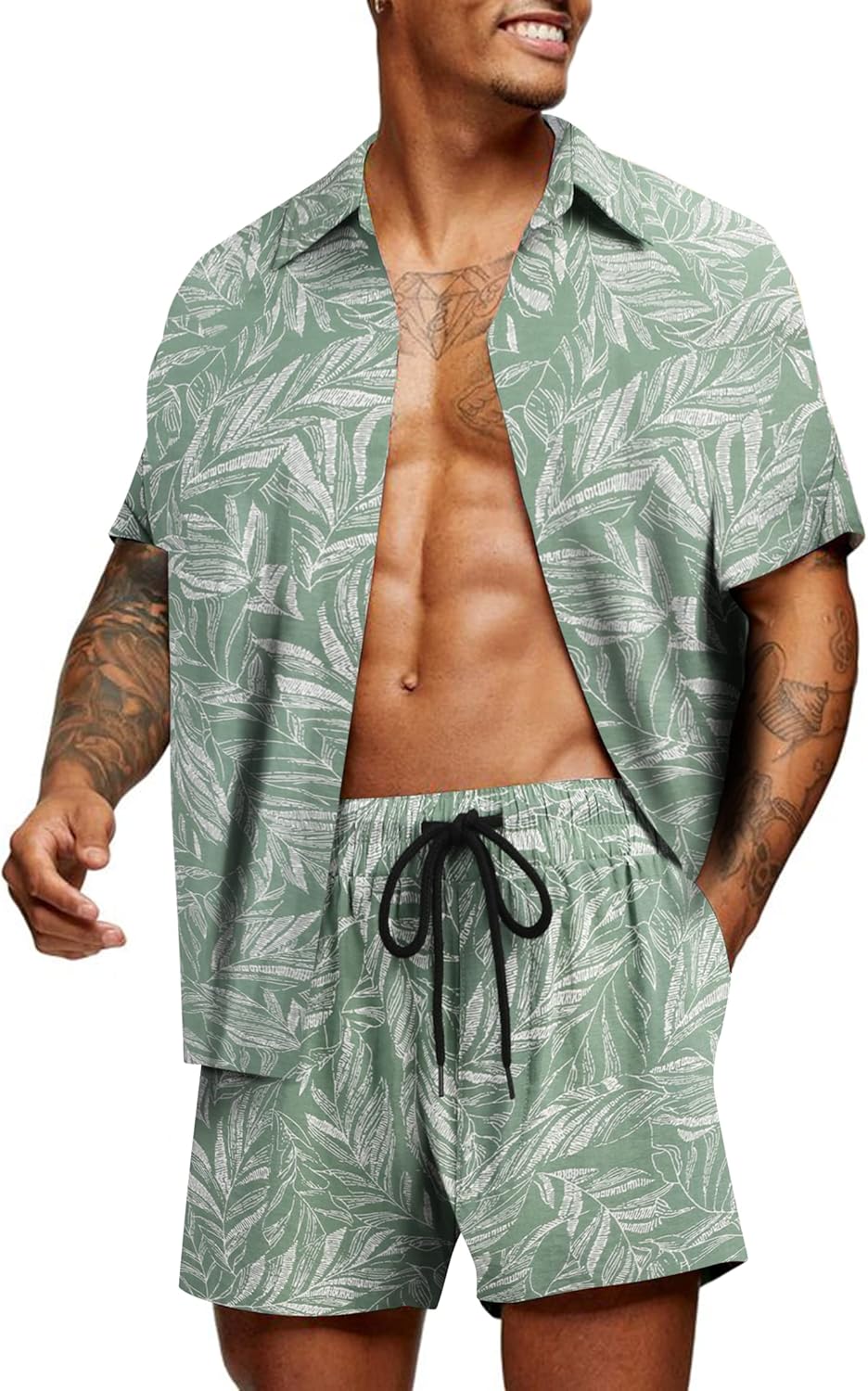 COOFANDY Men's Hawaiian Matching Set Summer Beach 2 Piece Outfits Flower Button...