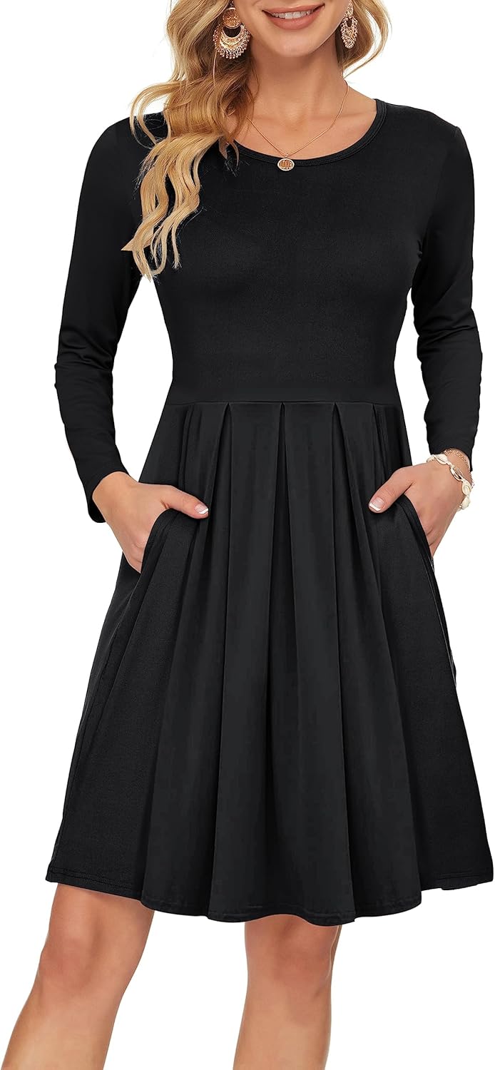 AUSELILY Women's Long Sleeve Pleated Loose Swing Casual Dress with Pockets Knee...