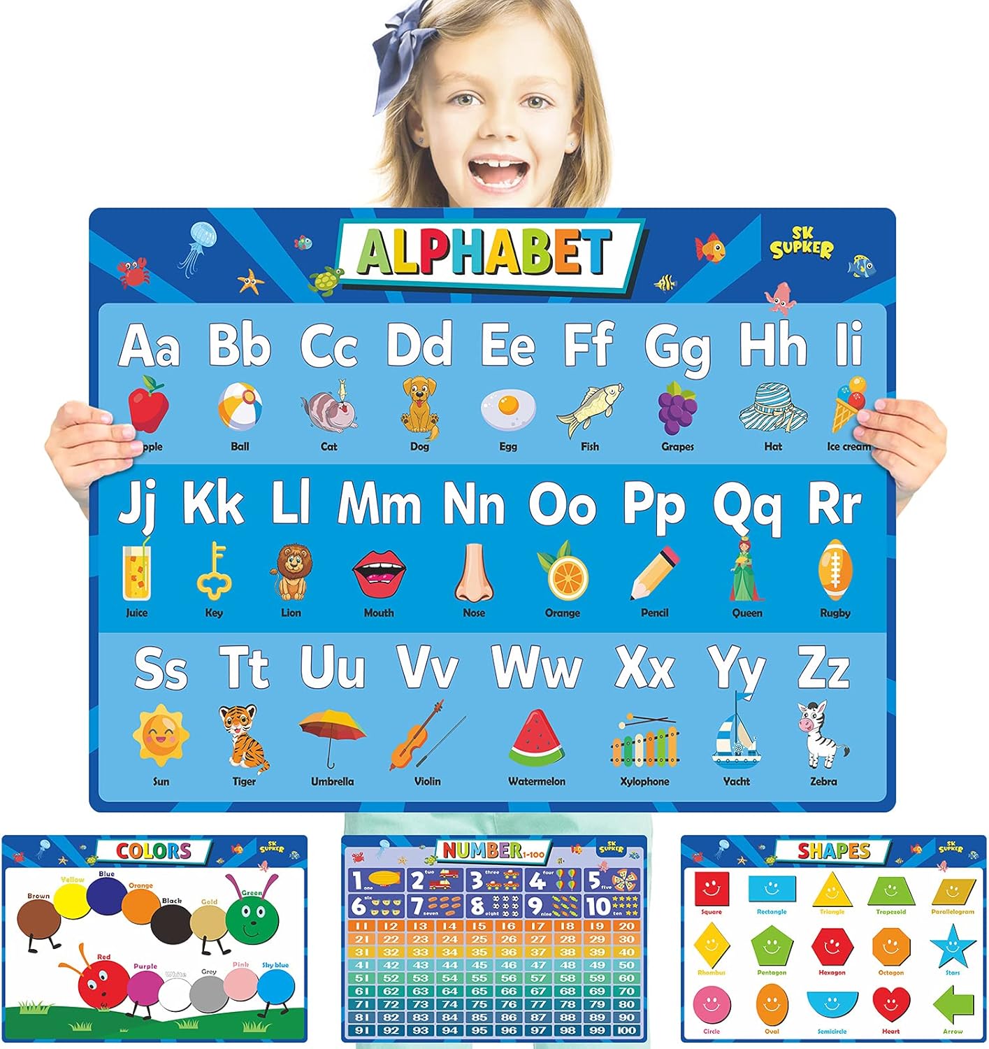 SK SUPKER 4 Pack ABC Alphabet Chart, Special Educational Learning Posters for To...