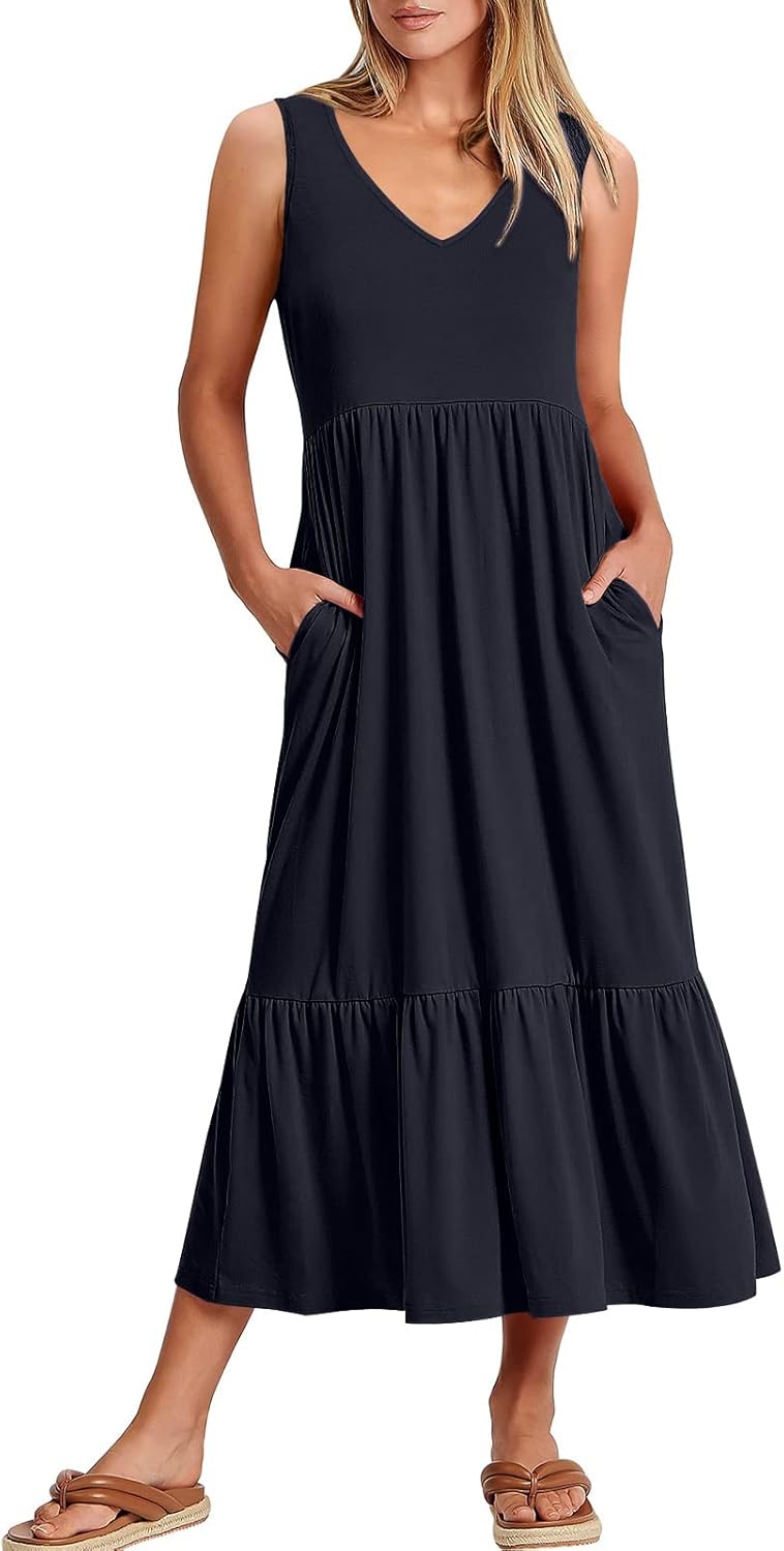 ANRABESS Women's Summer Casual Sleeveless V Neck Swing Dress Fit & Flare Flowy T...
