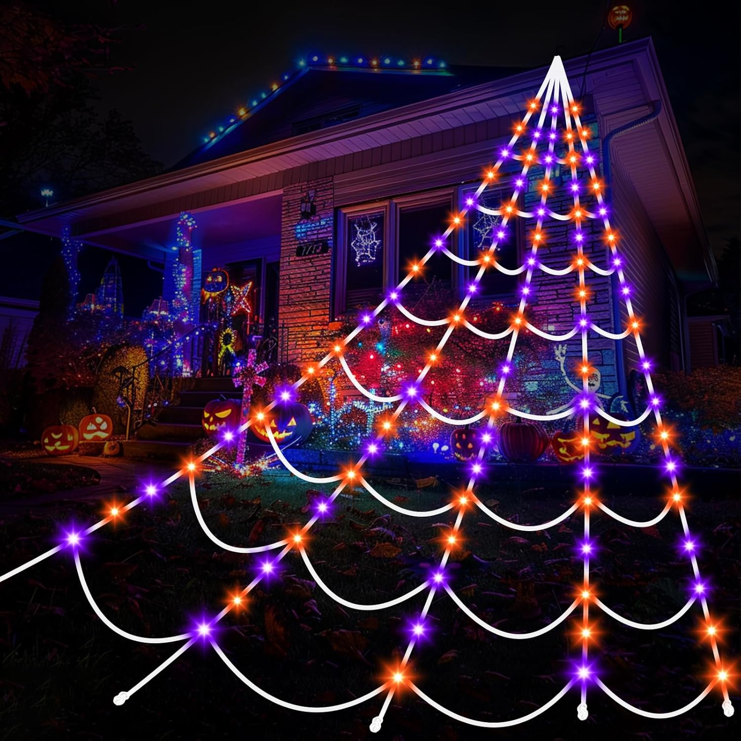 Halloween Decorations Spider Webs Lights: 150 Purple & Orange LED Halloween Ligh...