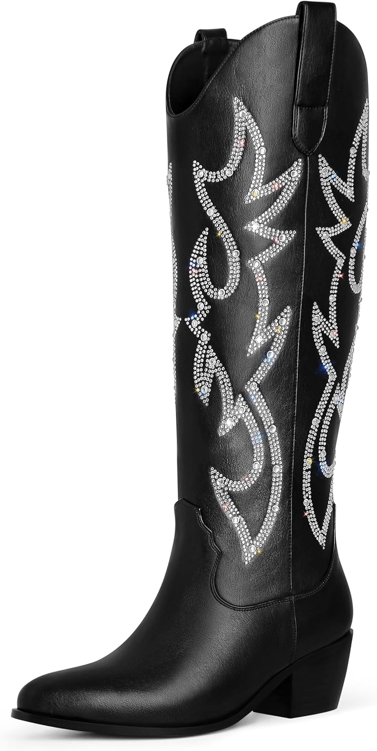 Ouepiano Cowboy Boots for Women Knee High Wide Calf Cowgirl Boots Embroidered Ch...