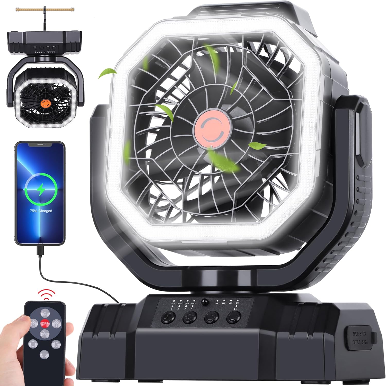 20000mAh High Speed Portable Camping Rechargeable Fan, Beach Fan with Remote Con...