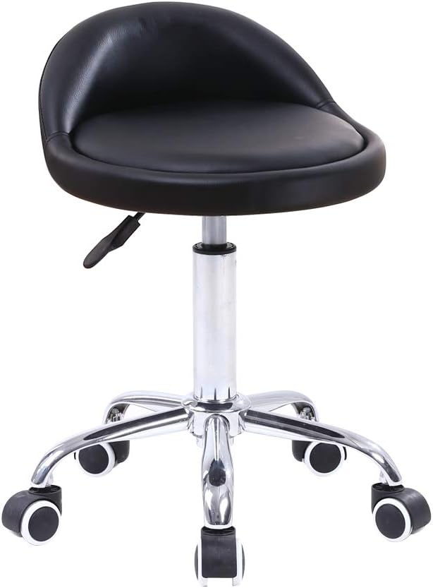 KKTONER PU Leather Round Rolling Stool with Back Rest Height Adjustable Swivel D...