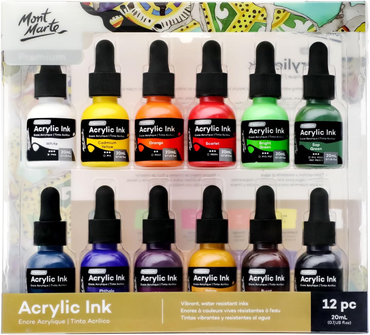 Mont Marte Acrylic Ink Premium 12pc x 20ml (0.7 US fl.oz), Acrylic Inks for Arti...