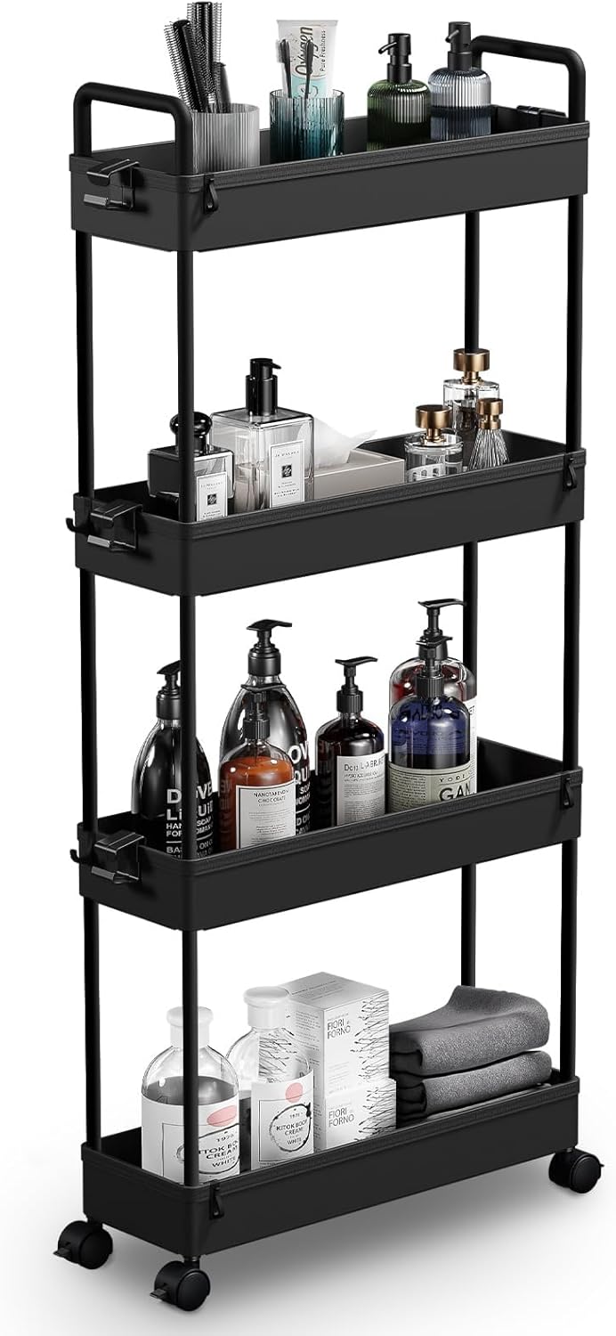 SOLEJAZZ Slim Storage Cart, 4 Tier Bathroom Organizer Mobile Shelving Unit, Roll...