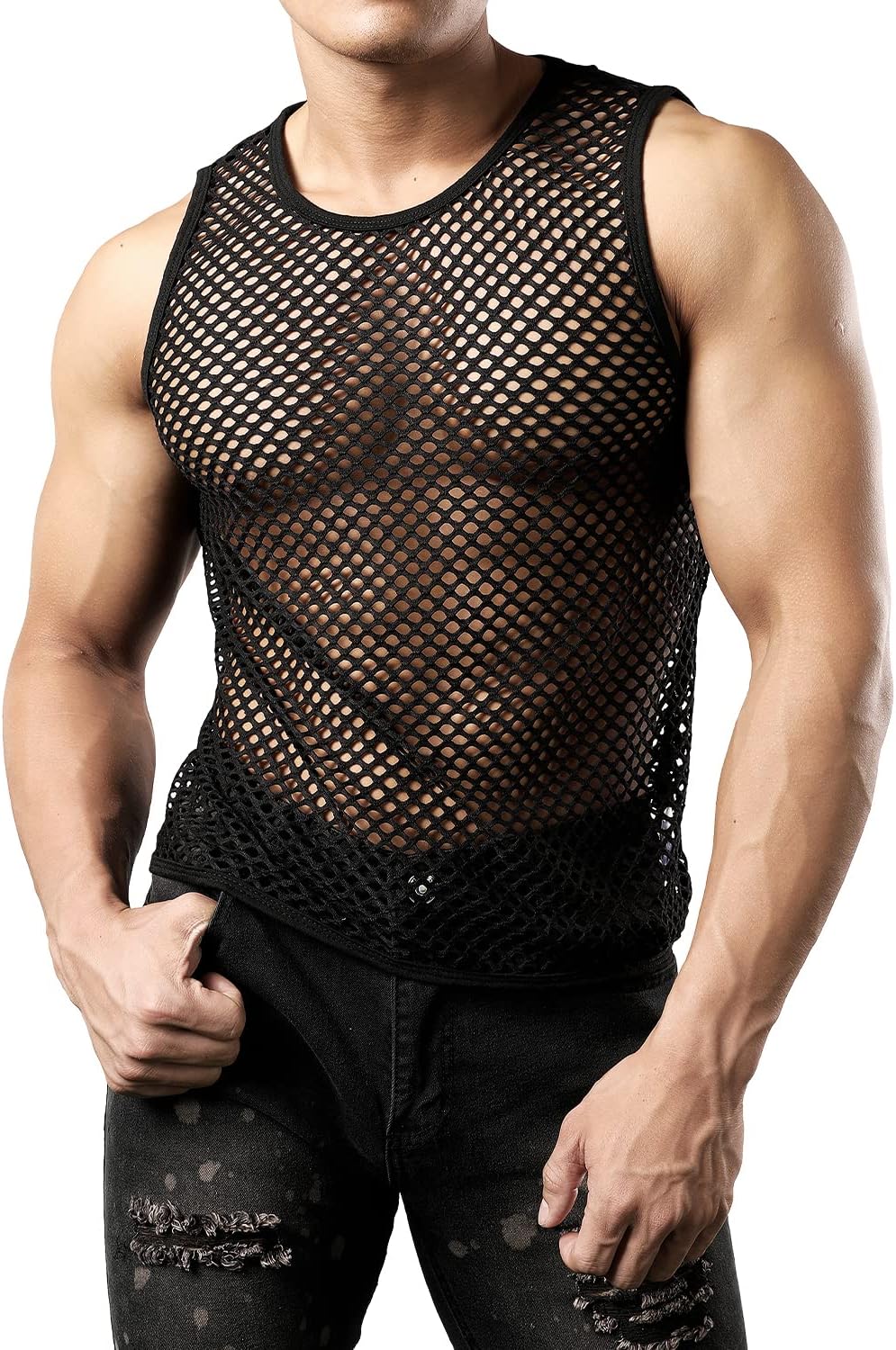 JOGAL Men's Mesh Fishnet Fitted Sleeveless Muscle Top Large Black