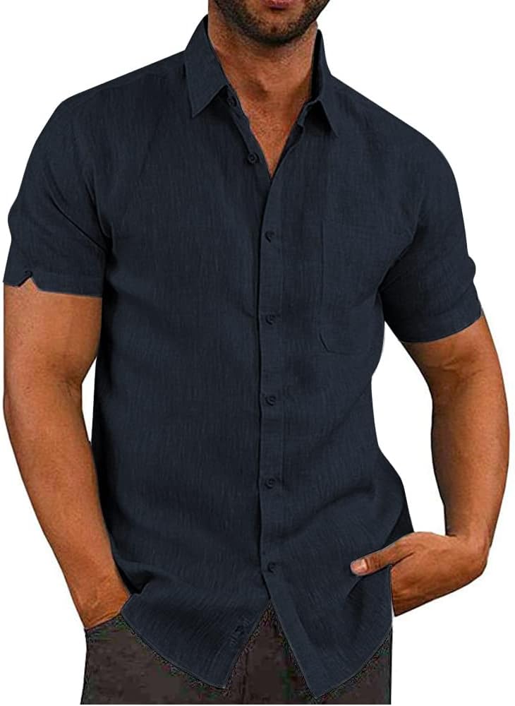 Button Down Short Sleeve Linen Shirts for Men Summer Casual Cotton Spread Collar...