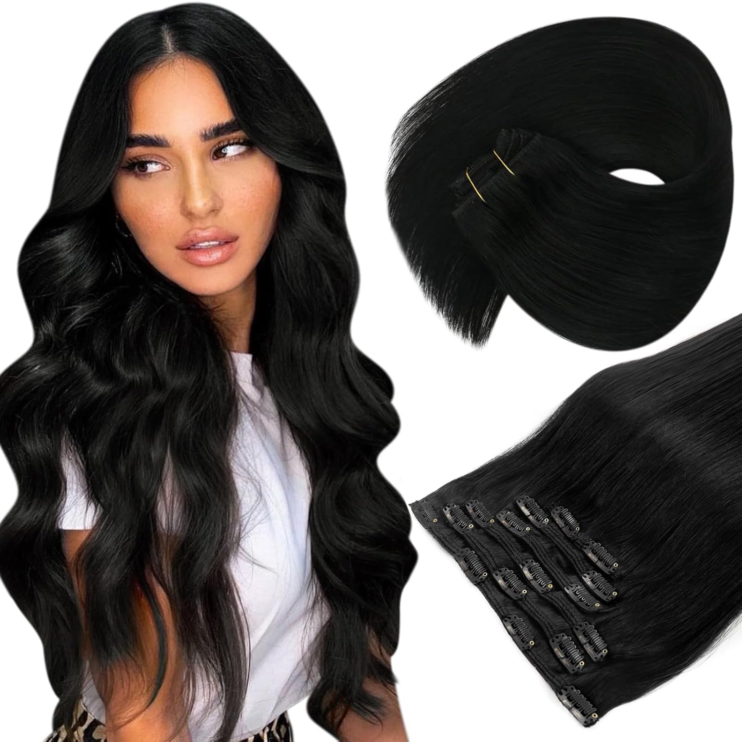 Sunny Clip in Hair Extensions Black Real Hair Extensions Clip in Human Hair Jet...