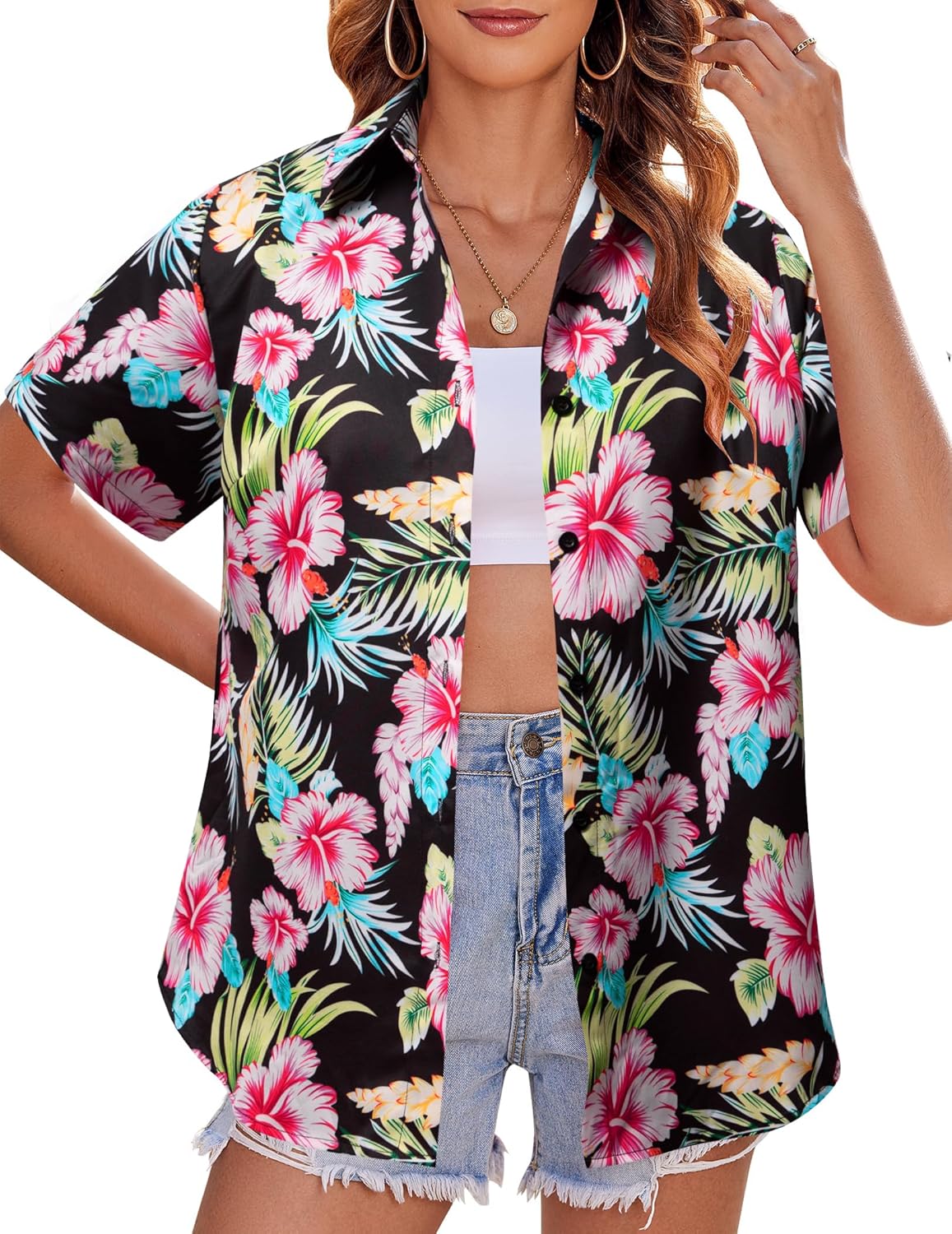 MYHALF Women Hawaiian Shirt Soft Cool Summer Hawaii Shirts Floral Tropic Print V...