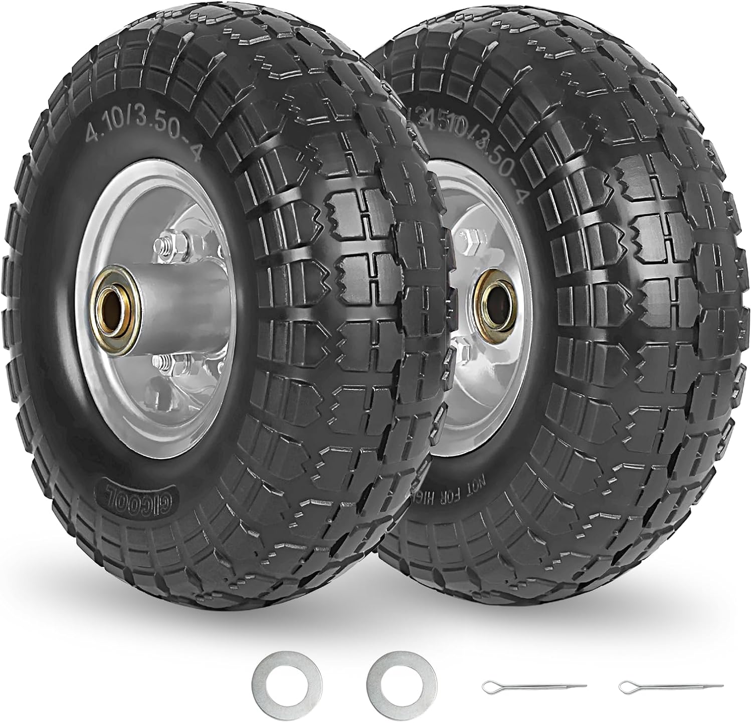4.10/3.50-4" Flat Free Tire and Wheel, 10" Heavy Duty Solid Tire, 5/8" Axle Bore...