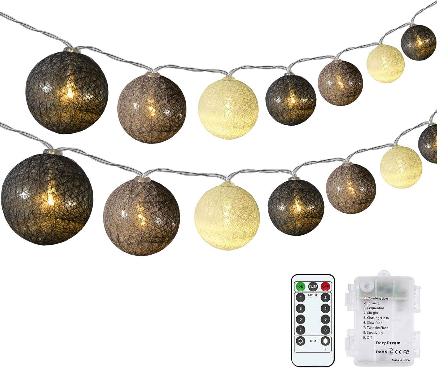 DeepDream Cotton Ball Fairy Lights, 5M 20 LED Fairy String Lights, 8 Modes Indoo...