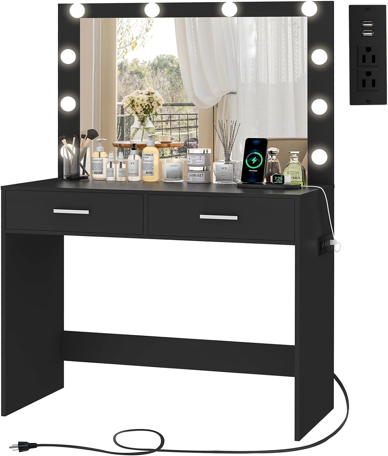 usikey Vanity Desk with Large Lighted Mirror, Makeup Vanity with 10 Lights, 2 Dr...