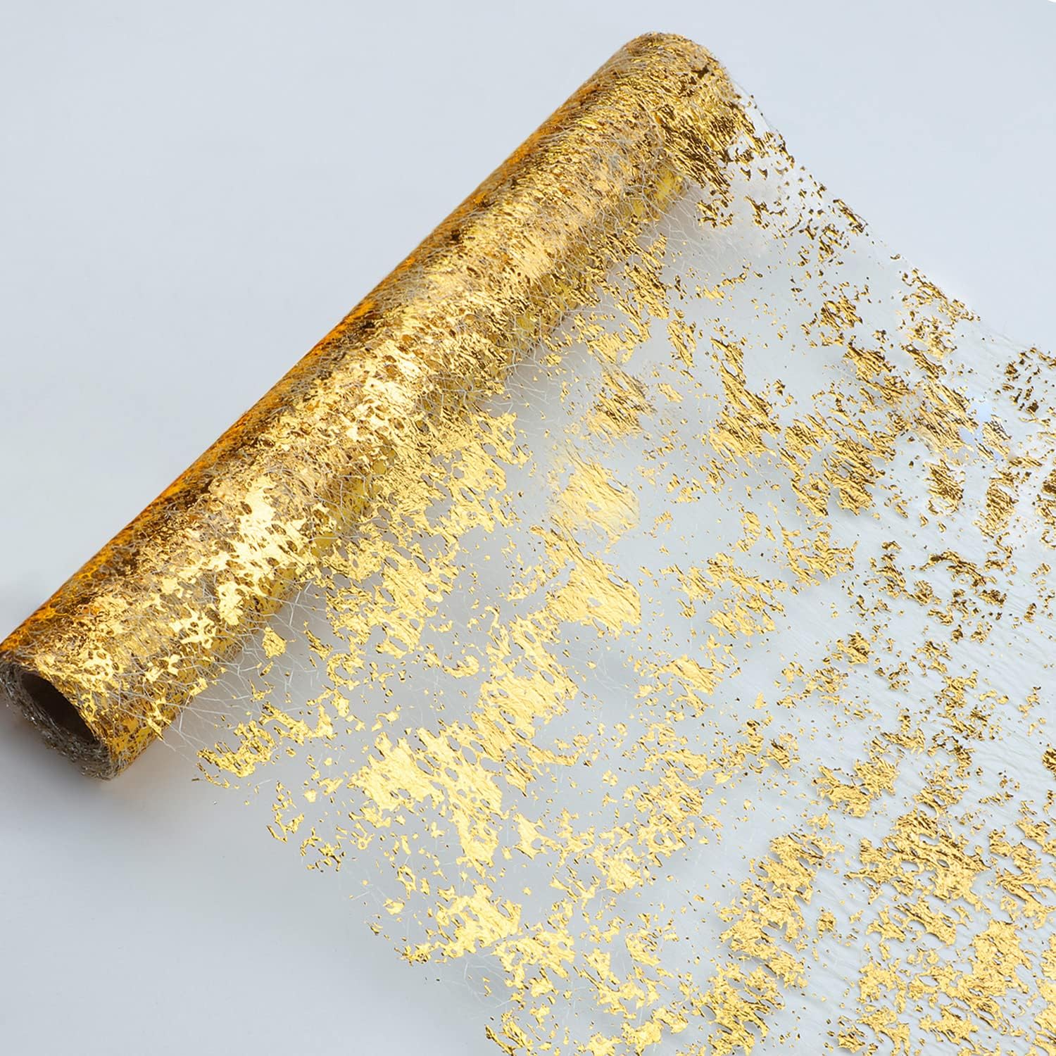 Snowkingdom Glitter Metallic Gold Table Runner 11 Inch x 100 Feet Thin Mesh Spar...