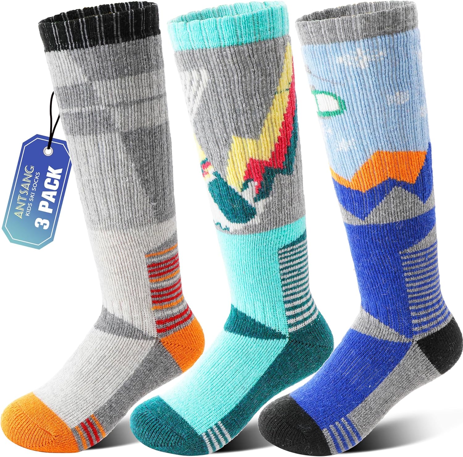 ANTSANG 3 Pairs Kids Merino Wool Ski Socks Boys Girls Thermal Thick Warm Winter...
