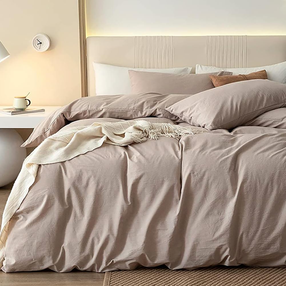 Michorinee Taupe Duvet Cover Set Double Bed Plain Khaki Bedding Set Washed Micro...