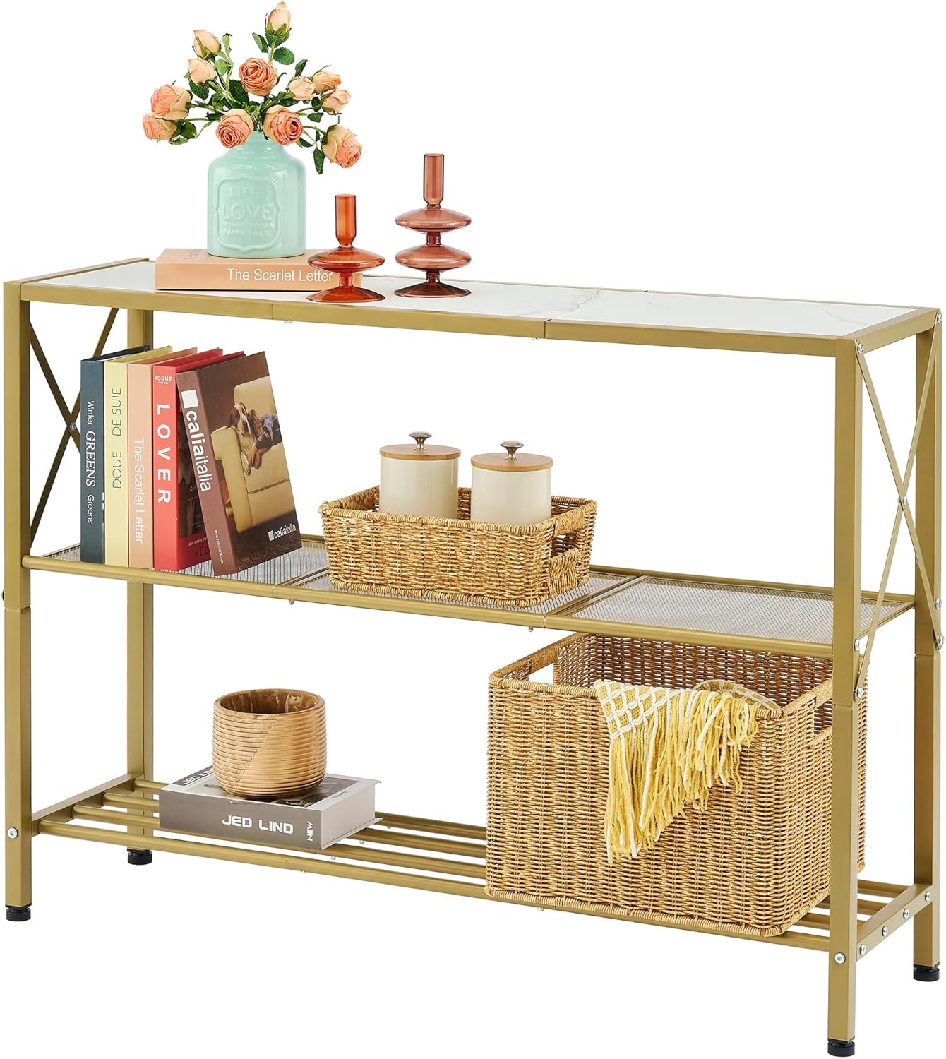 Hoctieon Gold Console Table, 3 Tier Entryway Table, Hallway Table, Narrow Sofa T...