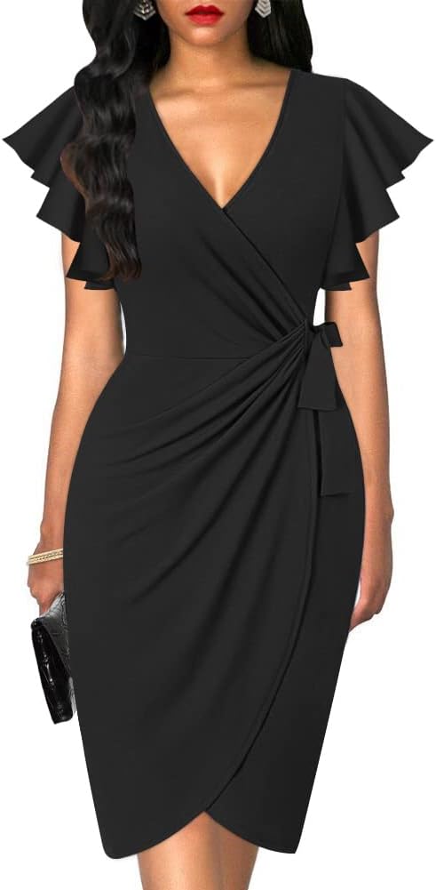 oten Womens Deep V Neck Ruffle Sleeve Sheath Casual Cocktail Party Work Faux Wra...