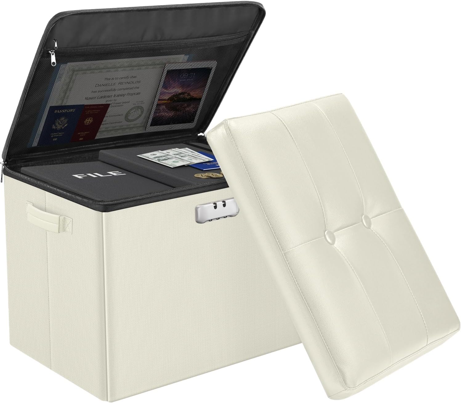 DocSafe Storage Ottoman with Lock,Fireproof＆Waterproof 17 Inches Folding Storag...