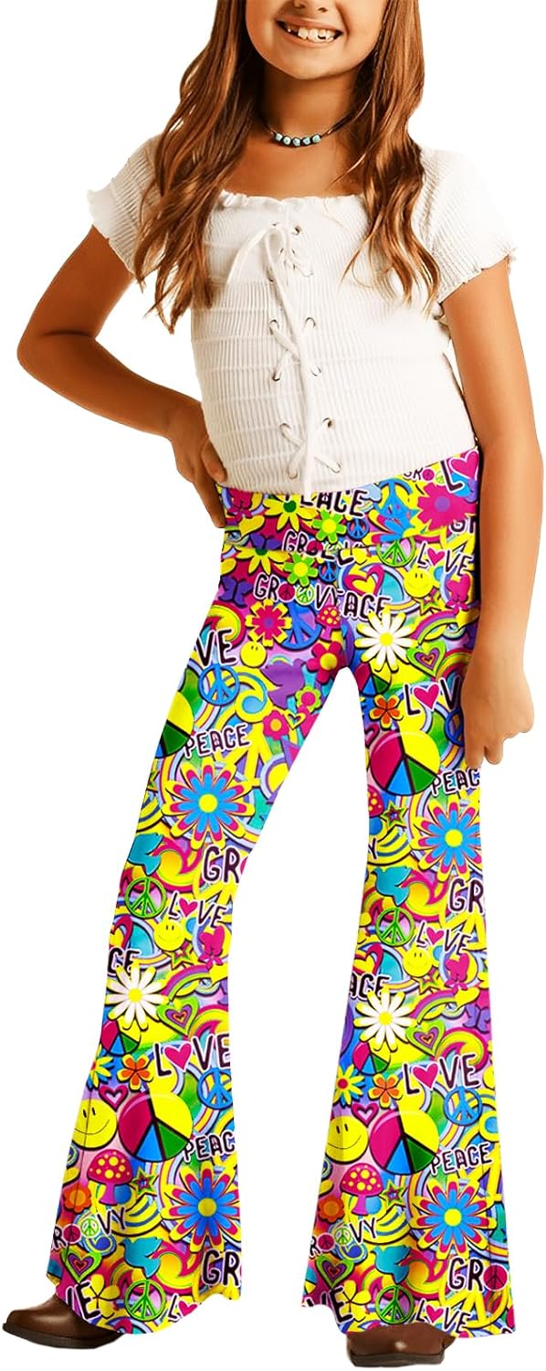 Deerose Girls Bell Bottom Floral Print Stretch Hippie Pants High Waist Flare Pan...
