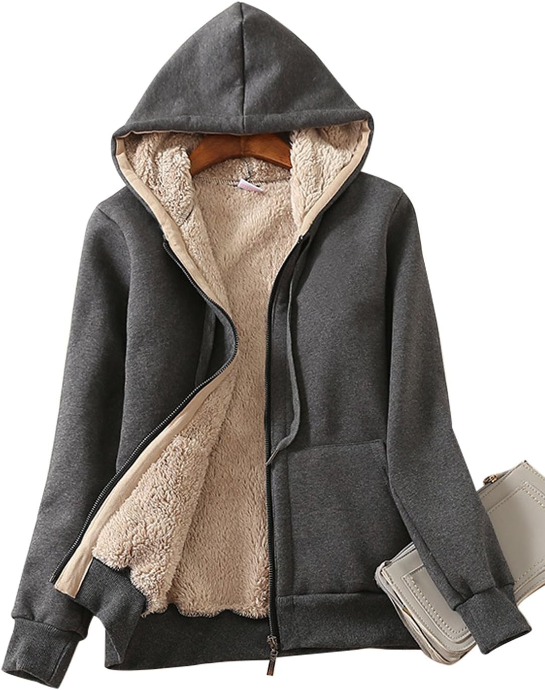 Yeokou Women's Casual Full Zip Up Sherpa Lined Hoodie Sweatshirt Jacket Coat Dar...