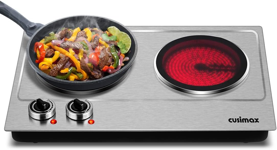 Double Burner, CUSIMAX 1800W Ceramic Electric Hot Plate for Cooking, Dual Contro...