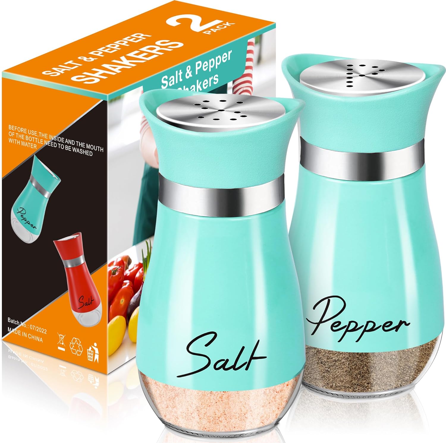 Salt and Pepper Shakers Set,4 oz Glass Bottom Salt Pepper Shaker with Stainless...