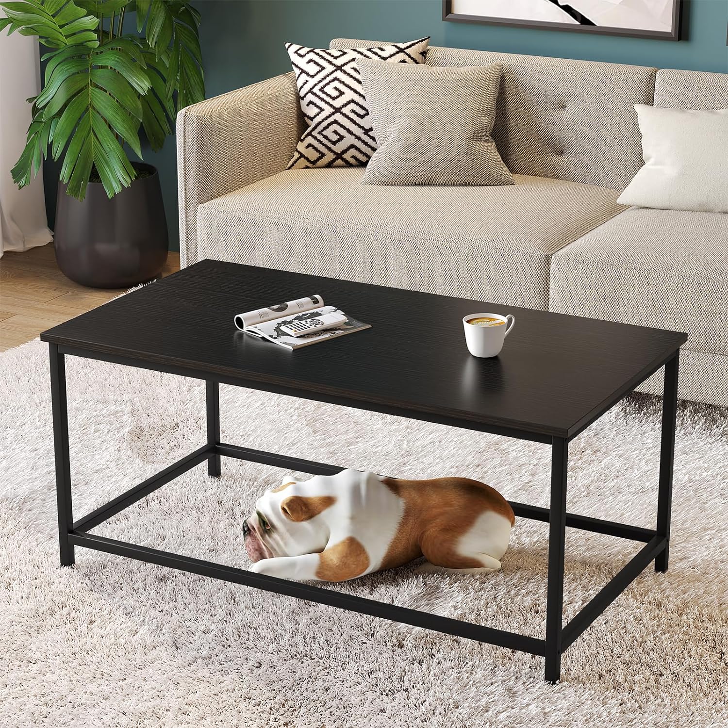 SAYGOER Black Coffee Table Simple Modern Rectangular Center Table Open Space Min...
